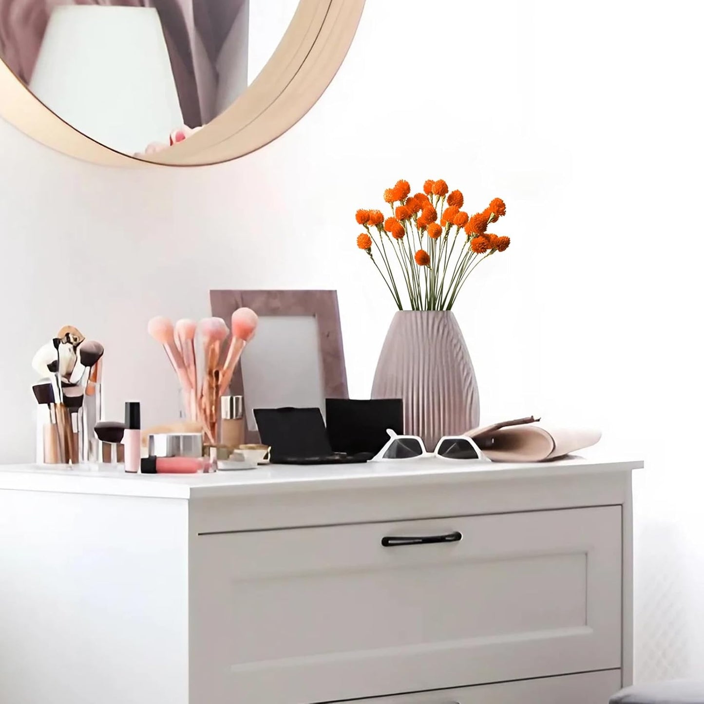 Dried Globe Amaranth Flower with Wheat Straw Natural - 40PCS Bouquet for Vase Home Decor Party DIY Arrangement (Orange)