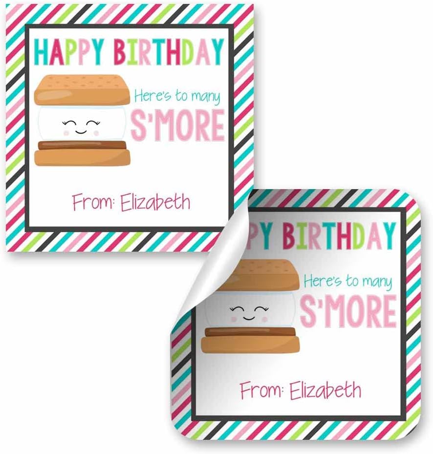 Custom & Personalized Many S'More Happy Birthday Gift Tag Sticker Labels, 24 2.5" Square Stickers by Amanda Creation