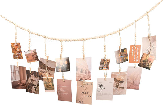 Hanging Photo Display with 18 Wood Clips, Boho Wooden Bead Wall Décor for Bedroom, Living Room, Dorm, Kids Art Picture Display