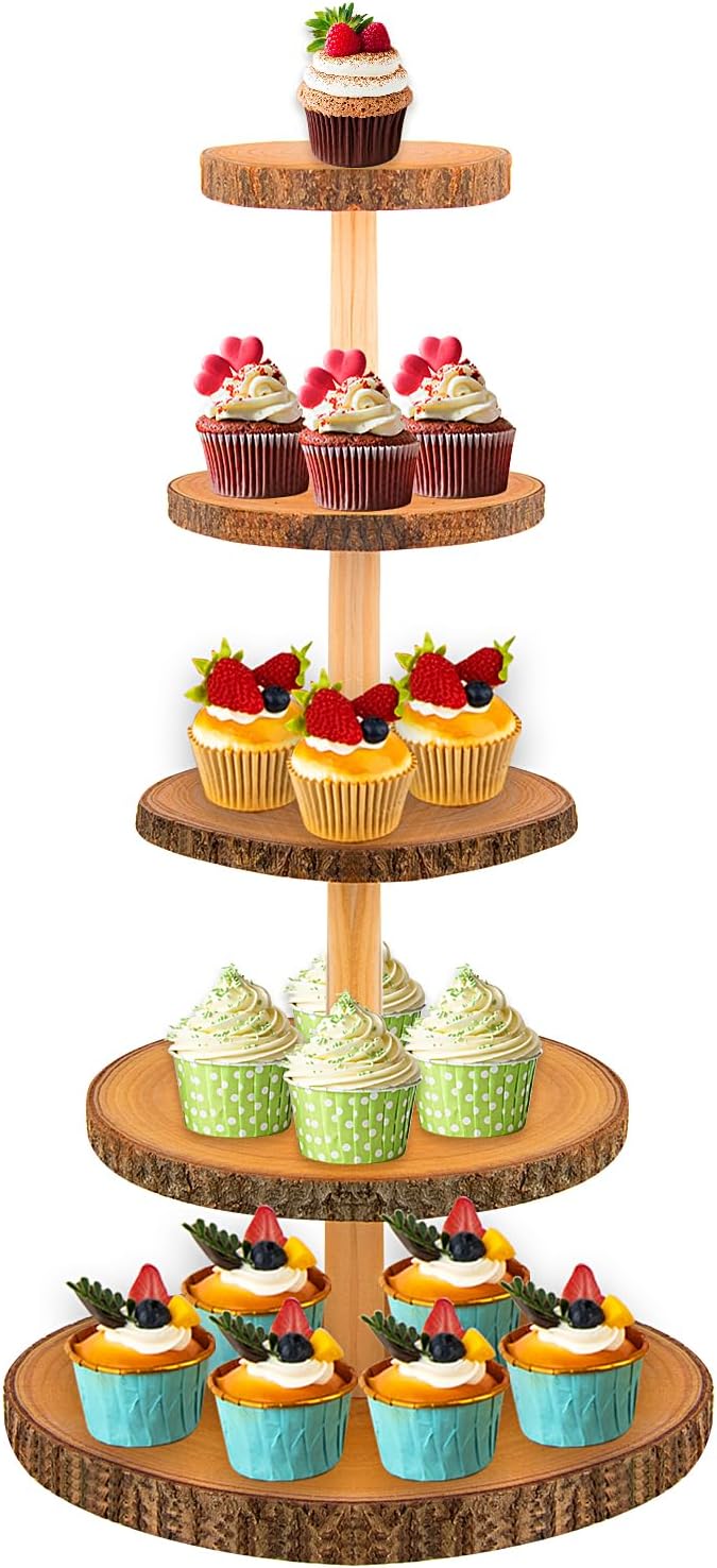 5-Tier Rustic Wooden Cupcake Stand - Large Capacity Display Stand for Woodland Baby Showers, Weddings, Birthdays, Parties, and Farmhouse Decor.