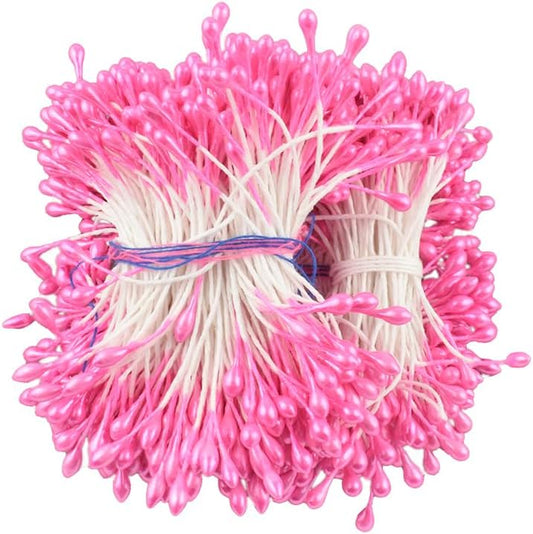 HAHIYO 700Pcs 3mm Dark Pink Pearl Double Head Flower Stamen Pistil - Handmade Artificial Pearlized Floral Pollen for Flower Making, Scrapbook Decoration