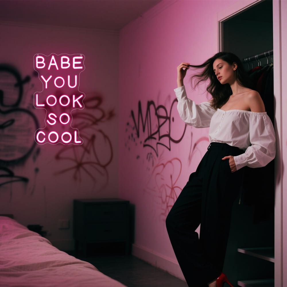 Babe You Look So Cool Neon Sign,Pink Dimmable LED Light Signs for Wall Art Decor,Backdrop for Game Room Bar Bedroom Club Party Man Cave,Gift for Boys Teen Men USB Powered（14.2"*8.4"）
