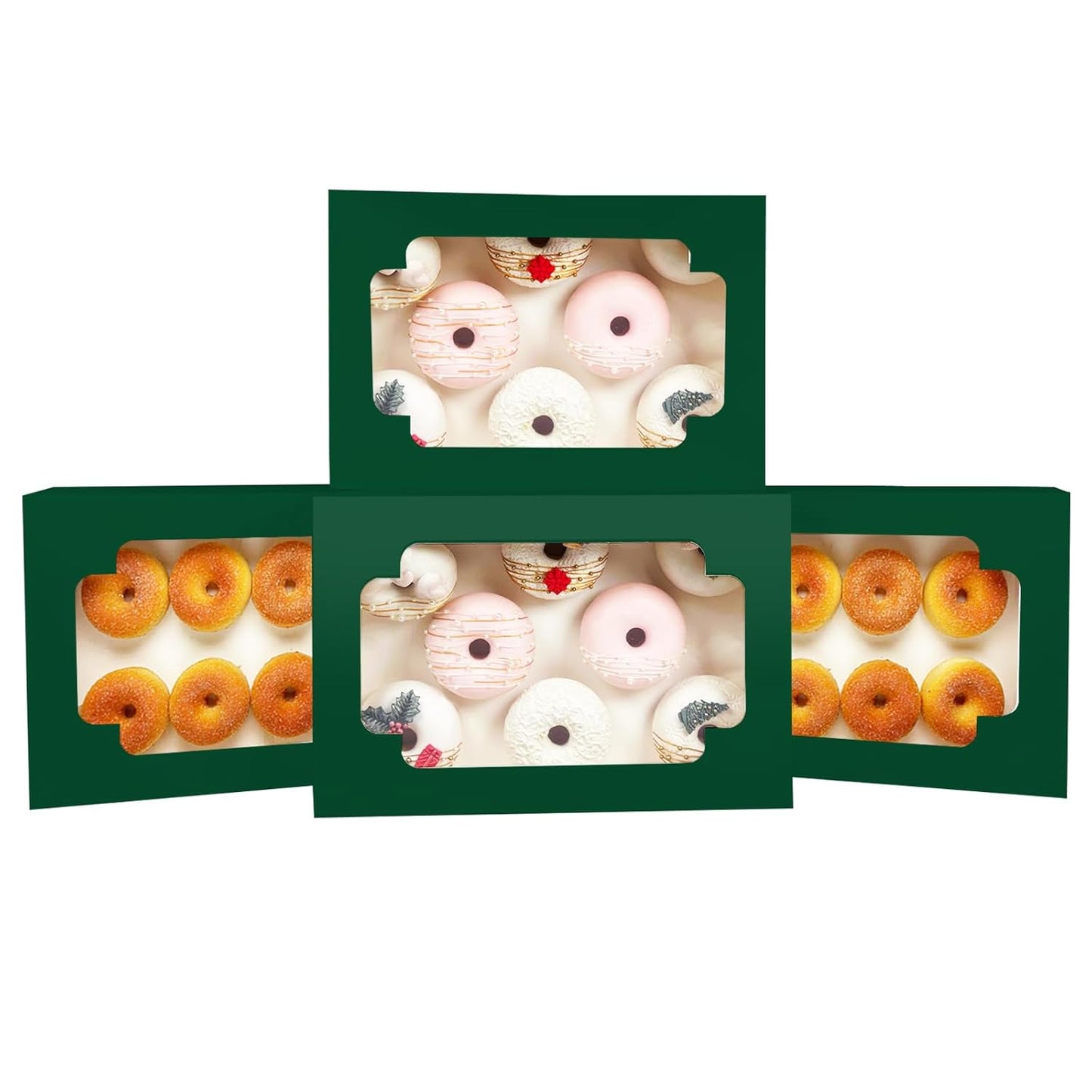 qiqee Auto-pop up Deep Green Cookie Box with Window 12x8x2.5 inch 32 Packs Two Uses One Second Folding Pastry Biscuit Bakery Box for Packaging