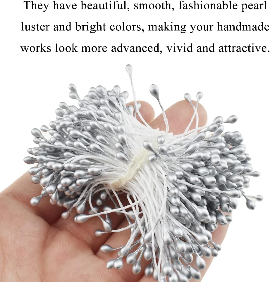 HAHIYO 700Pcs 3mm Silver Pearl Double Heads Pistil Hand-Made Artificial Pistil para Flores Pearlized Floral Stamen for Flower Making Scrapbook Decoration
