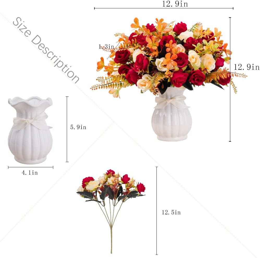 LESING Artificial Fake Flowers with Vase Silk Artificial Roses Wedding Flowers Bouquets Home Office Party Meeting Room Decoration (Red-1)