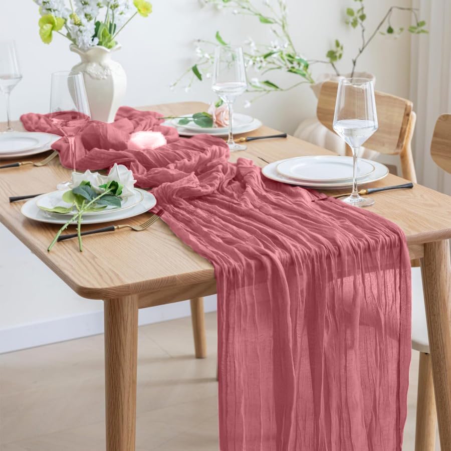 8 Pack 10Ft Table Runner 35x120 inch Dusty Rose Boho Gauze Table Cheese Cloth Long Wrinkled Sheer Table Runner for Wedding Bridal Shower Birthday Party Table Decor