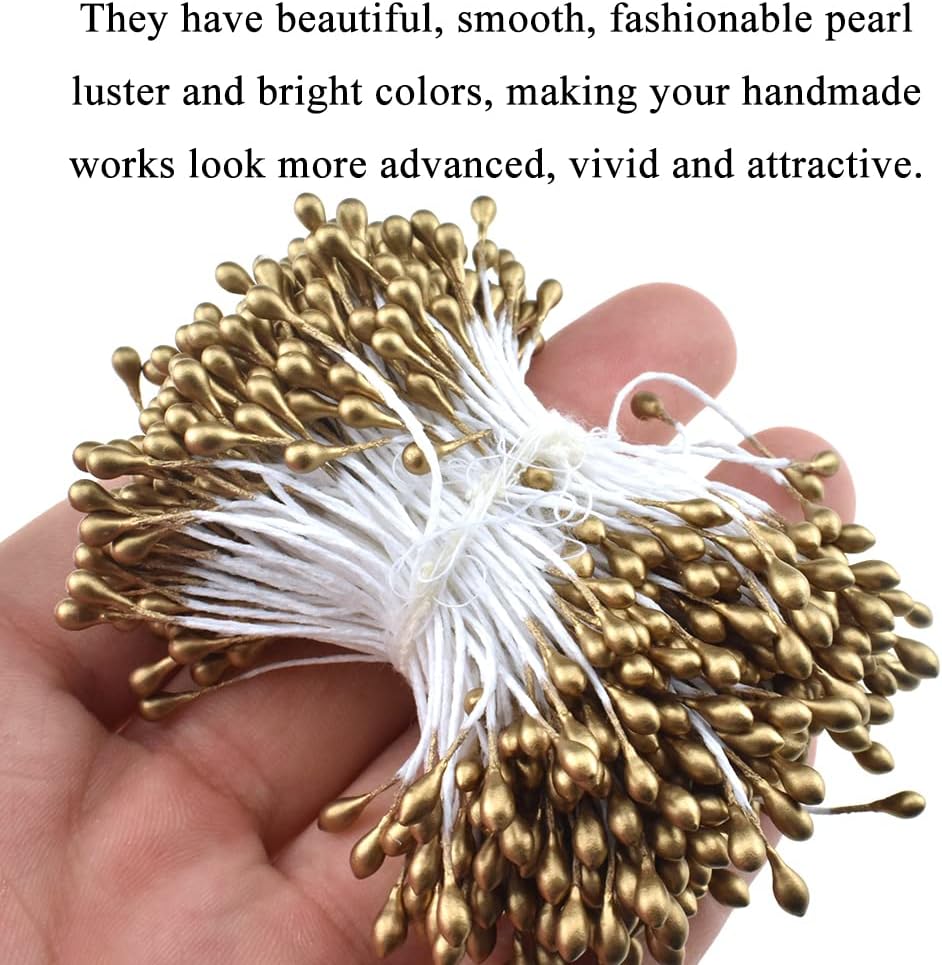 HAHIYO 700pcs 3mm Gold Pearl Double Heads Flower Pistil Hand-Made Artificial Flower Parad National Pearlized Floral Stamen for Scrapbook Decoration