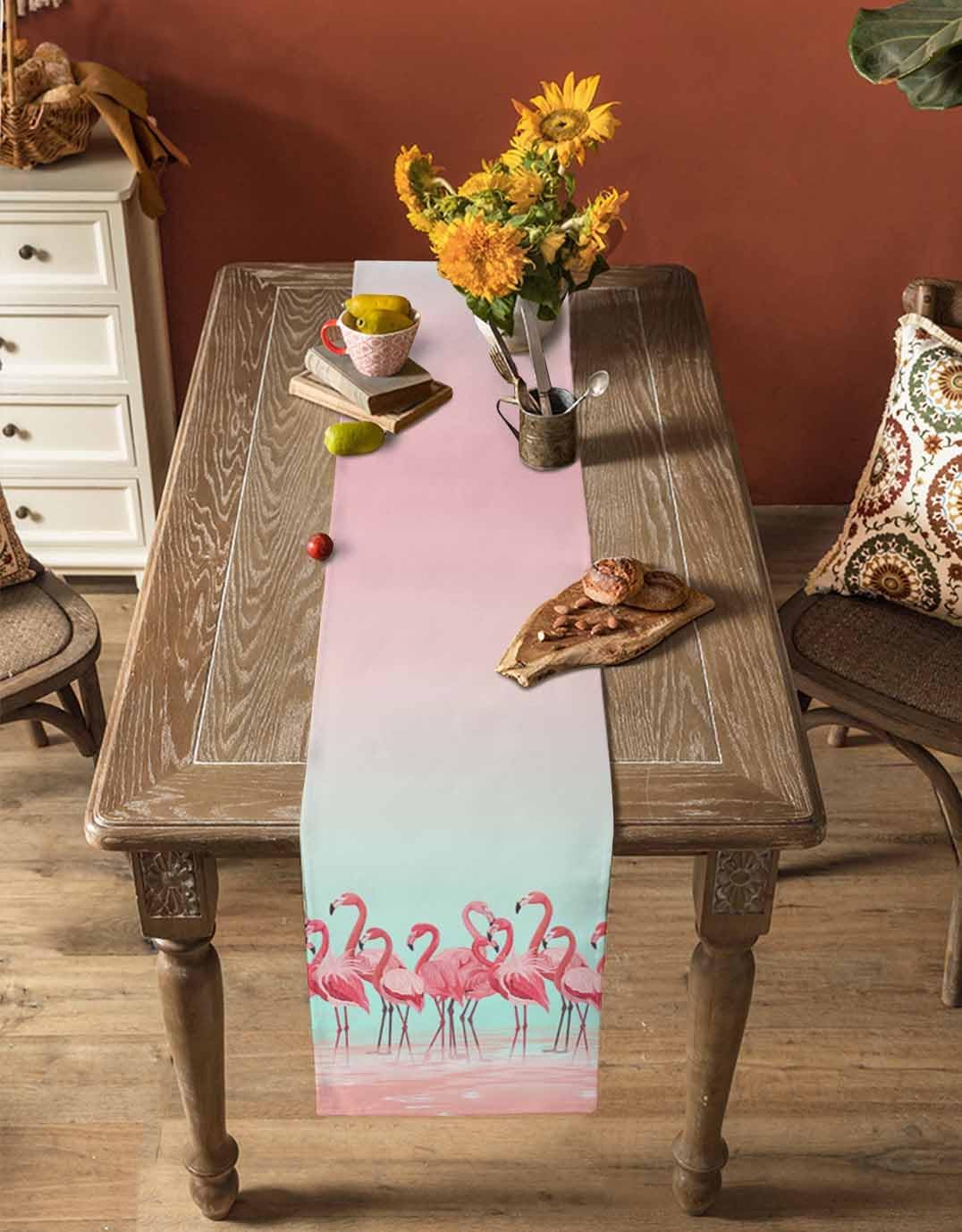 Tropical Flamingo Cotton Linen Table Runner for Dining Kitchen, Wedding Outdoor Party Tablerunners Decoration, Pink Bird Coastal Nautical Animal Dresser Scarf Coffee Tablecloth Runners 13x120 Inches