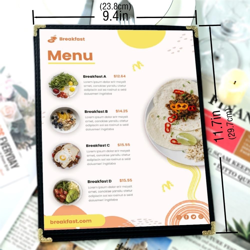 Goodsmart Restaurant Menu Covers – 25 Pack Black 2-View, Top-Loading Menu Holders, Vinyl & Plastic Café Menu Covers, Clear Menu Sleeves, Fits 8.5" x 11", Leather-Style Design, Gold Corners