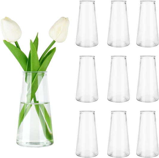 Glass Bud Vases for Centerpieces, Small Flower Vase in Bulk Set of 10, Modern Clear Mini VaseS for Rose Tulip, Wedding Party Dining Table Decor