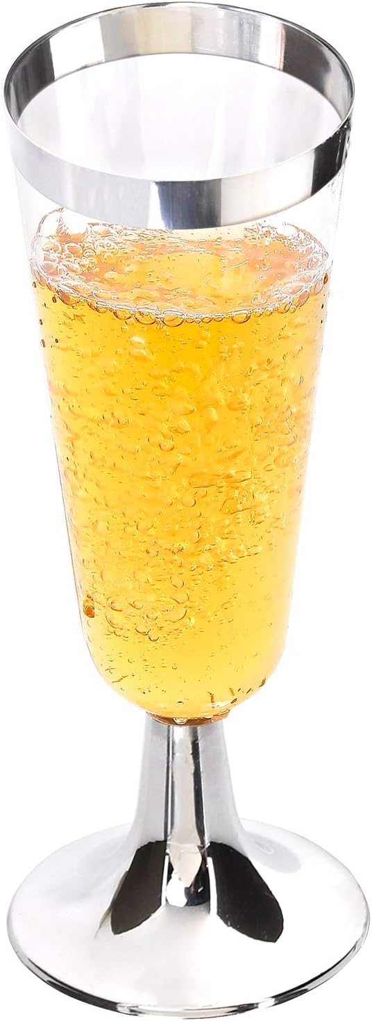 I00000 50 Pack Plastic Champagne Flutes with Silver Rim, Disposable Champagne Glasses 5 Oz, Perfect for Champagne, Bloody Mary, Sodas, Cocktail, Sundaes and other Desserts