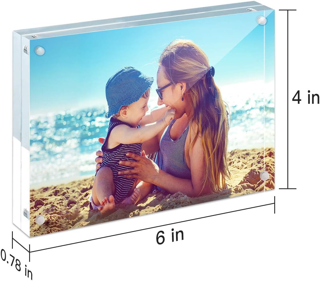 HELPLEX 5 Pack 4x6 Acrylic Picture Frames, 20mm Thicker Frameless Clear Frame Double Sided Magnetic Frame, Free Standing Desktop Display Stand Acrylic Frames