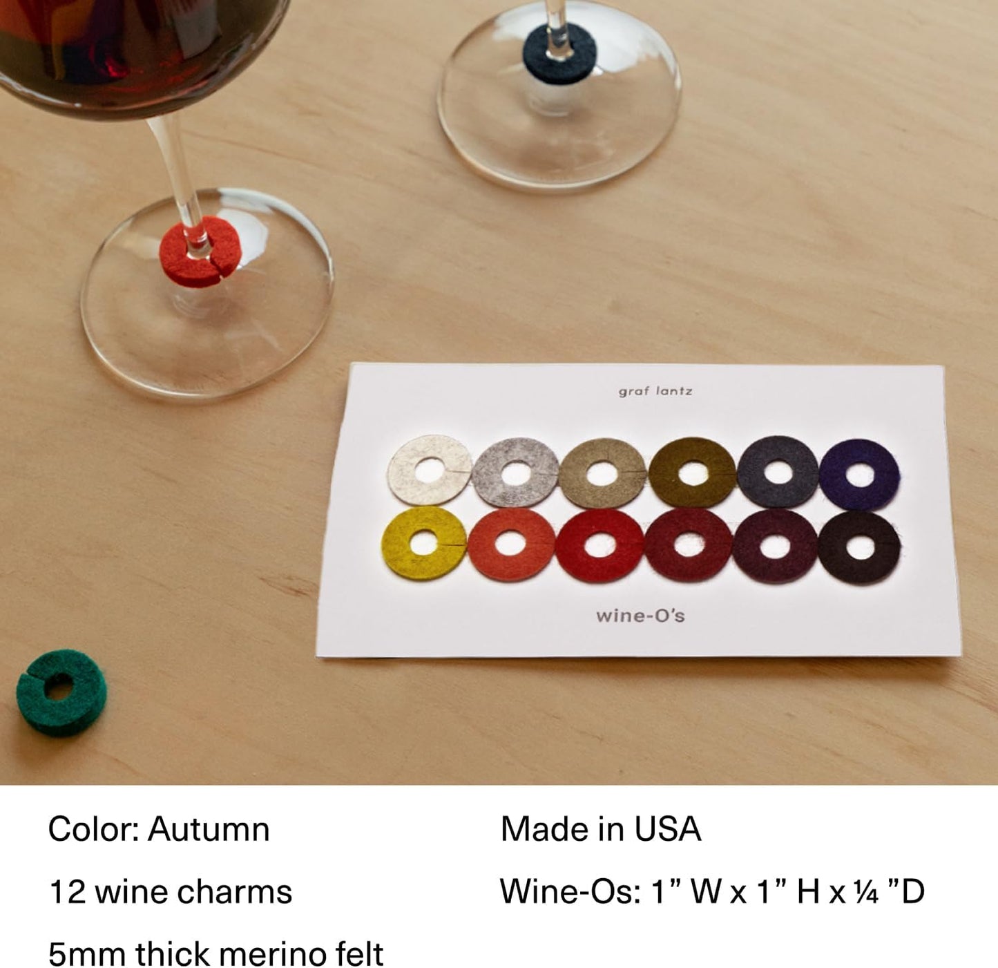 Graf Lantz - Wine-O's Merino Wool Wine Glass Charms (Autumn) 12 Count - Drink Markers with Note Card - Reusable - 12 Colors - Boho Style - Home Decor, Party Favors & Vacation Essentials - 5mm Felt