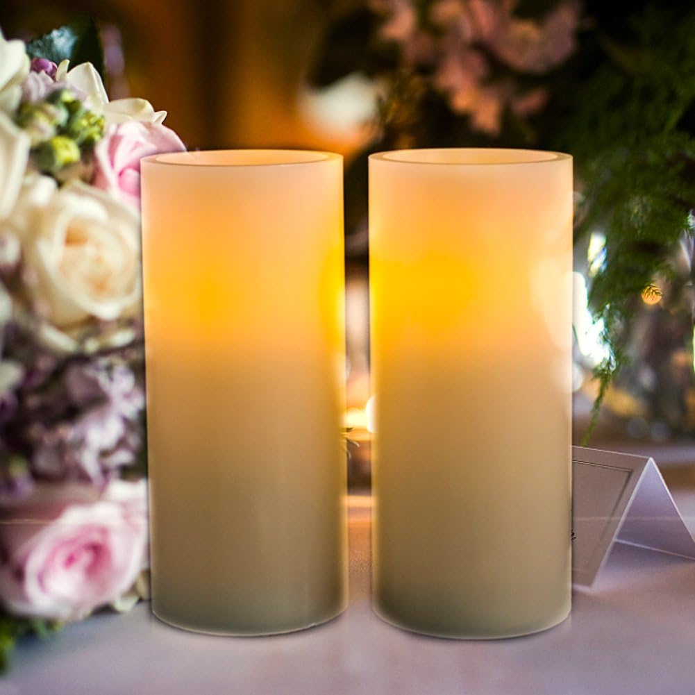 Homemory 7"x3" Flameless Candles Battery Operated, Amber Yellow Light，Realistic Wax LED Pillar Candles with 2 Remote Controls & Cycling 24-Hour Timer, Long Battery Life, Set of 2, Ivory, Indoor Only