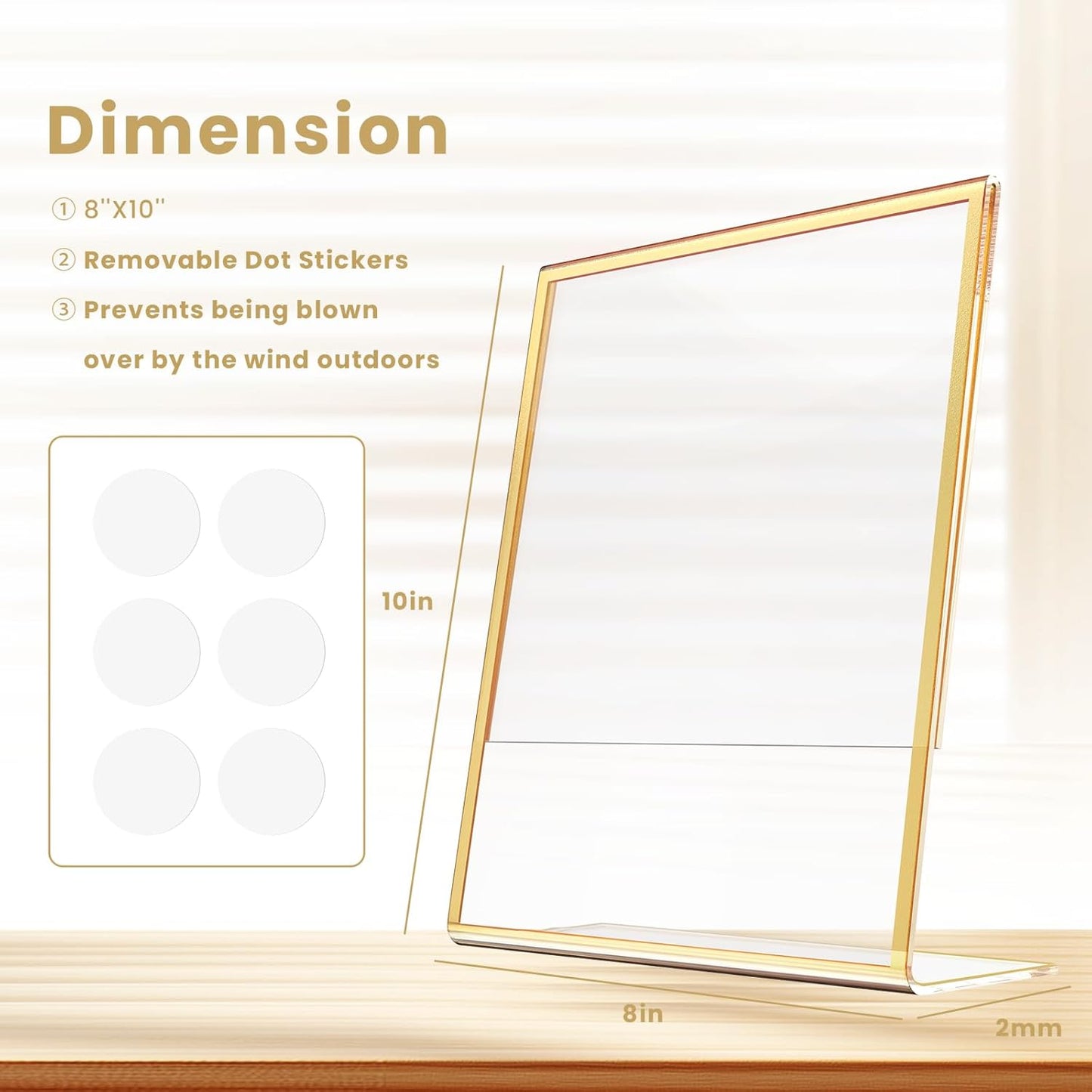 Acrylic Gold Frames 8 x10, Slanted Back Gold Picture Frames Table Acrylic Sign Holder for Photos Wedding Table Numbers and Art Display with Removable Clear Sticky Dots,3 Pack