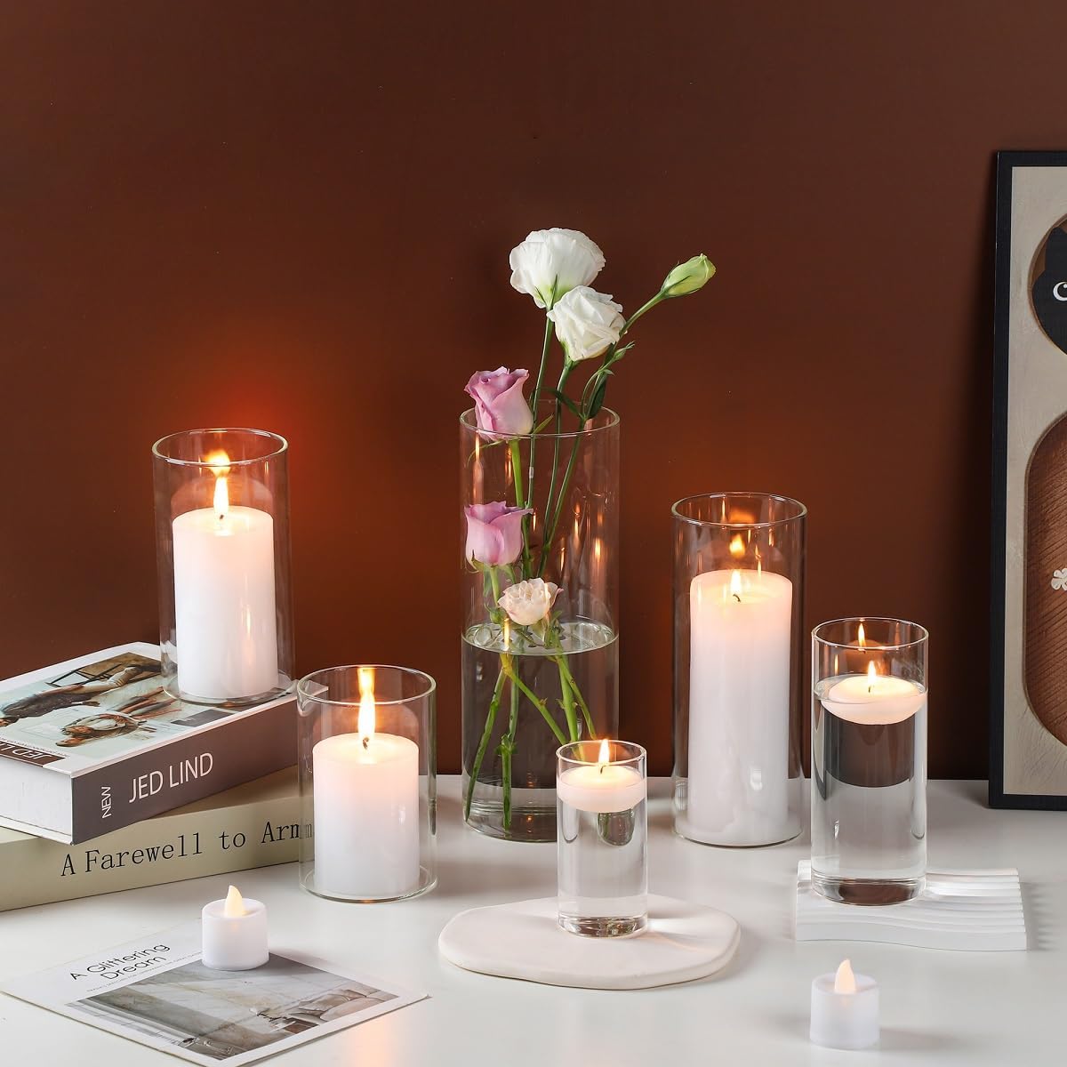 UDU Set of 12 Cylinder Glass Vases and 18 Pcs Floating Candles for Centerpiece, 4,6,8,10 Inch Tall Clear Hurricane Candle Holder Glass Vases for Centerpiece Table Wedding Home Decor