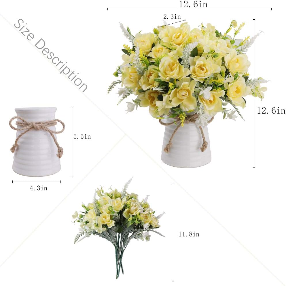 LESING Artificial Flowers with Vase for Table Centerpieces,Fake Silk Gardenia Flower in Vase Decoration for Home Office Party (Champagne)