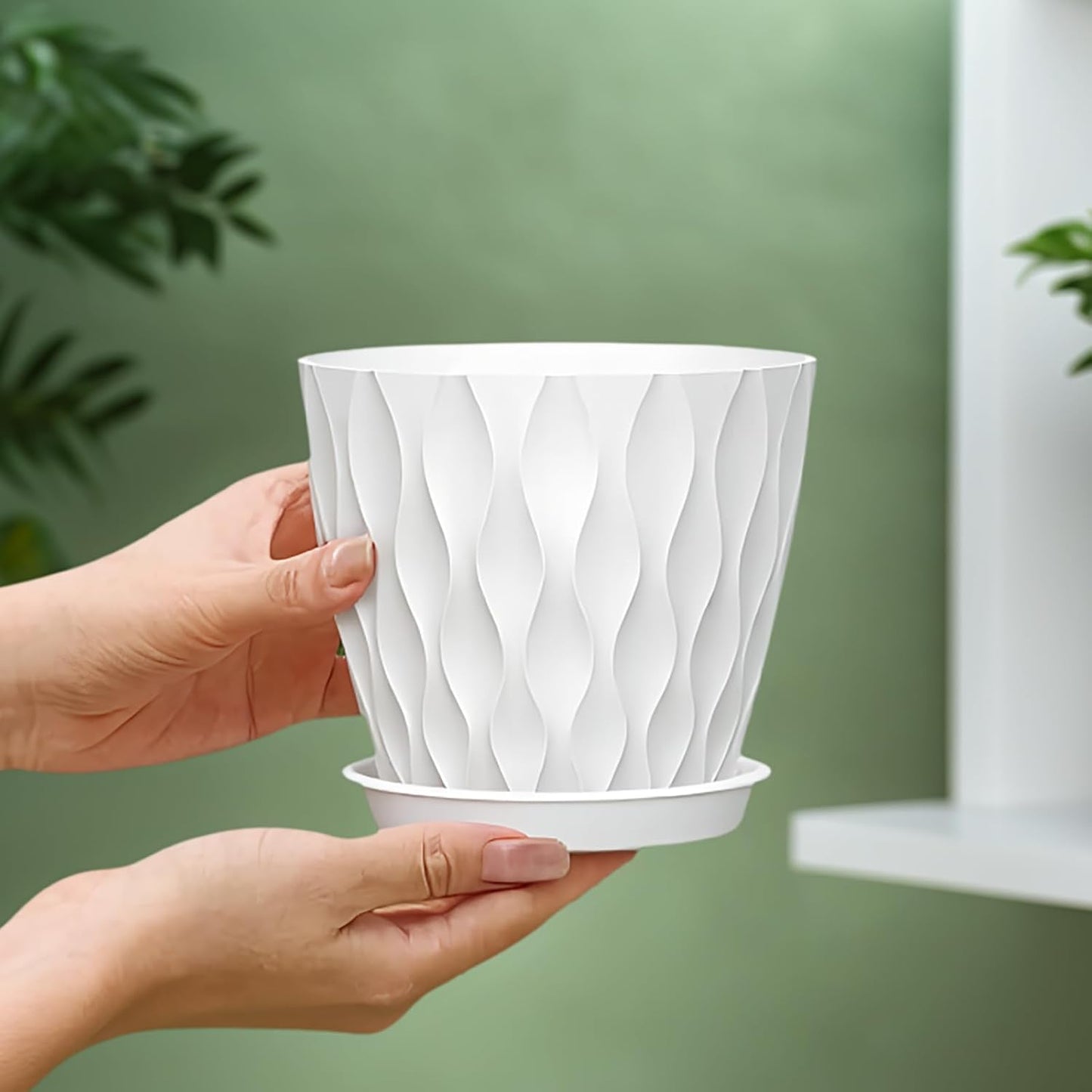 12 Pack 4 Inch Small Plant Pots with Saucers, Waffle Texture Plastic Planters with Drainage Holes for Indoor and Outdoor Plants, Flowers, Herbs, Succulents, and Seedlings, White