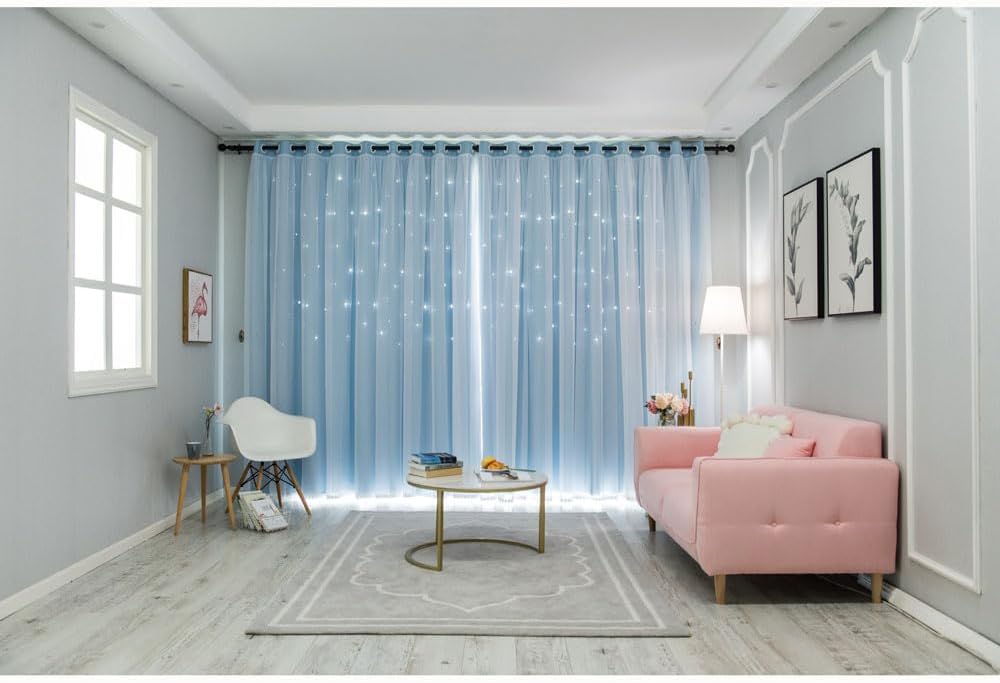 FANLI 2 Panels Star Blackout Curtains for Kid Girls Bedroom Living Room Darking Stripe Double Layer Star Cut Out Wall Home Decor Gradient Grommet Window Curtains (Blue 95L)