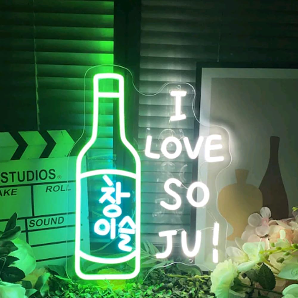 I Love Soju Neon Sign Custom Neon Sign Korean Led Light Korean Bar Restuarant Signage Wall Decor Neon Art Personalized Gift for Soju Lover USB Size:20inches