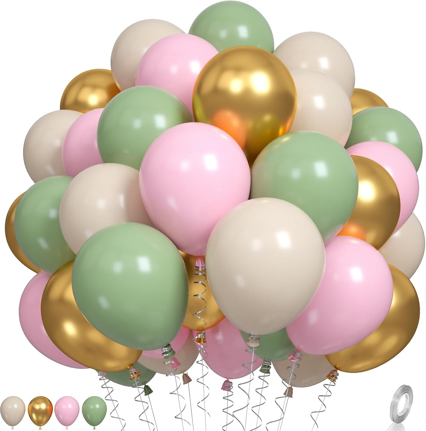 Pink and Green Balloons, Sage Green White Sand Party Balloons Chrome Metallic Gold Balloons Green Pink Latex Balloons for Kids Adults Boho Birthday Jungle Safari Party Wedding Baby Shower Graduation