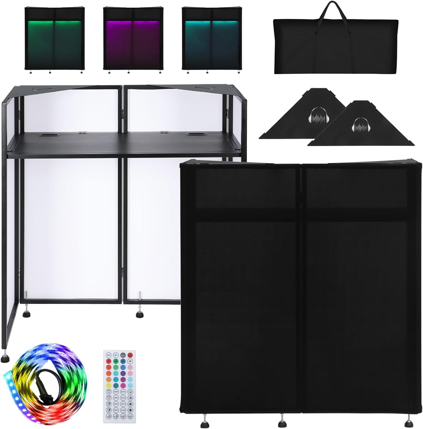 LUCKUP DJ Facade Booth 41"L x 20"W Portable DJ Facade with White & Black Scrim, Foldable DJ Table Station with LED Strips for Party, Black Metal Frame