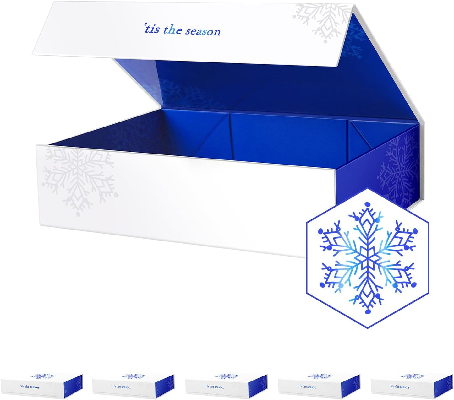 PACKHOME 6 Christmas Gift Boxes 11x7.8x2.3 Inches, Gift Boxes with Lids, Sturdy Shirt Boxes with Magnetic Lids for Wrapping Gifts (Blue Snowflake Pattern)