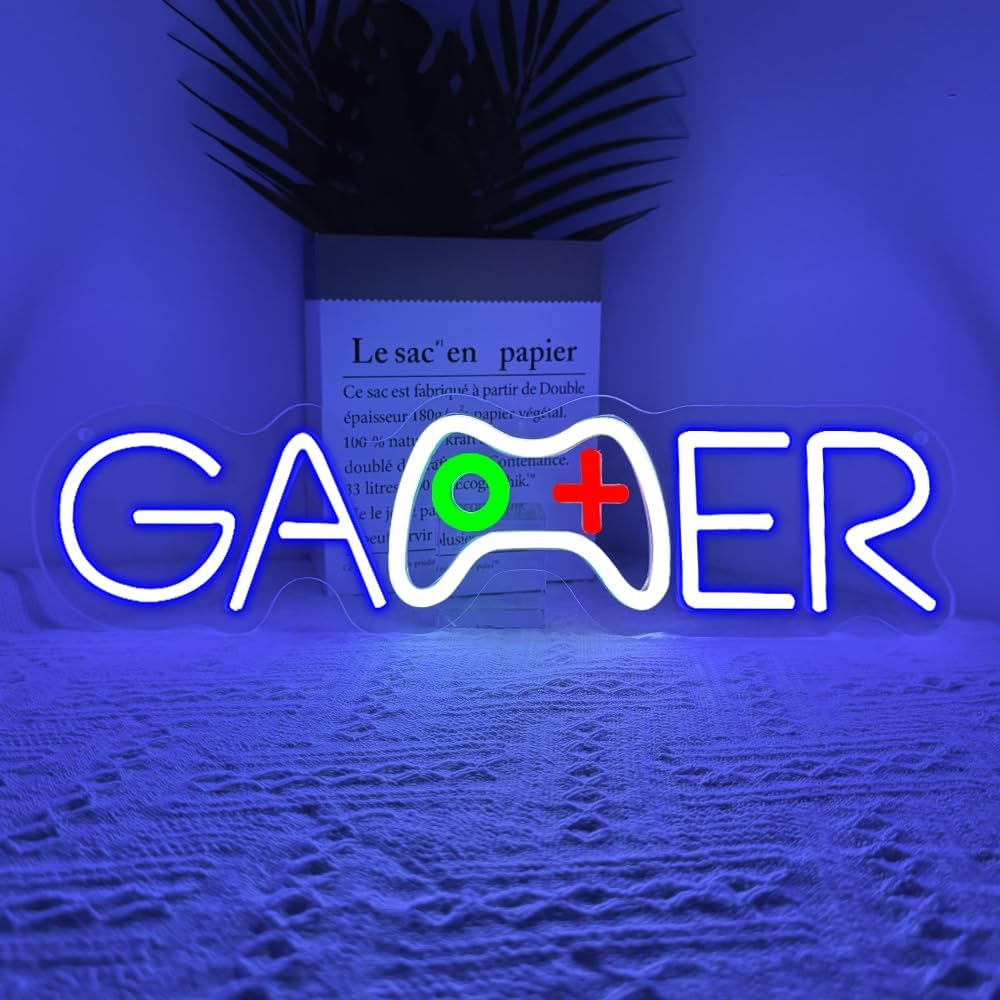 Gamer Neon Sign,Gamepad Shaped Dimmable LED Light Signs for Wall Art Decor,Gaming Backdrop for Game Room Bar Bedroom Club Party Man Cave,Game Gift for Boys Teen Men USB Powered（15.4"*4.1"）