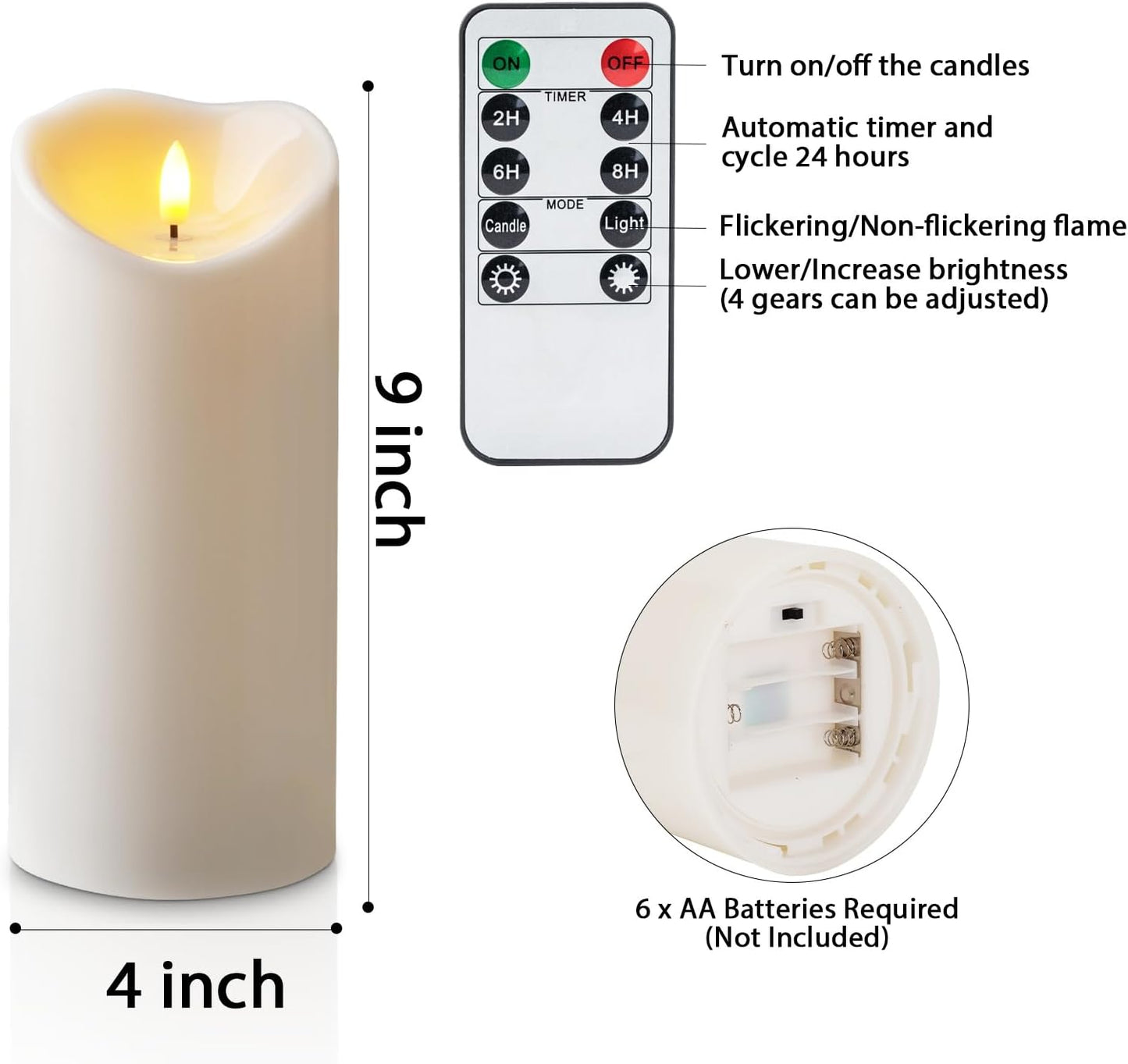 Amagic 4” x 9” Large Outdoor Waterproof Flameless Candles with Remote, Battery Operated Candles with Timer, Flickering Fake LED Pillar Candle for Patio Yard Porch Decor, Ivory White, Set of 2