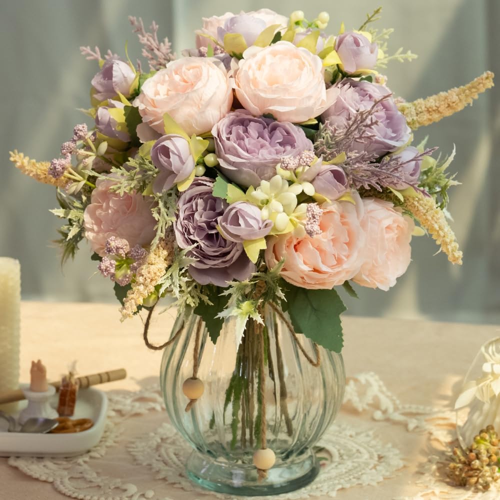 Artificial Peonies Silk Flowers Bouquet in Glass Vase Faux Flowers Bouquets Modern Penoy Arrangement for Home Decoration Table Centerpiece (Bouquet-Pink Purple)
