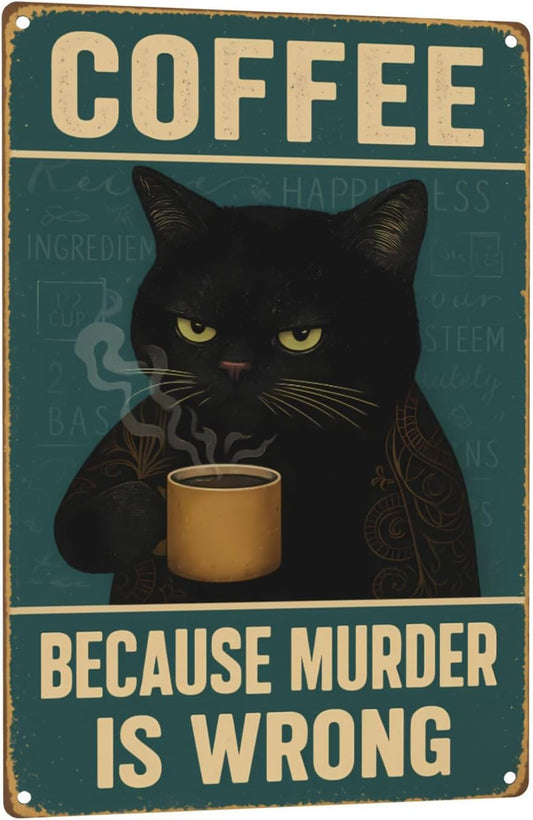Funny Cat Coffee Metal Sign - "Because Murder Is Wrong" Retro Tin Wall Decor for Kitchen, Bar, or Café - Vintage Style 8x12 Inch