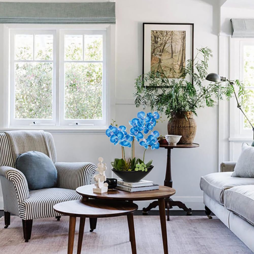 Briful Blue Orchid Fake Flowers 17in Artificial Orchid Silk Flowers in Black Pot Faux Orchid Arrangement for Home Office Bathroom Table Shelf Modern Decoration