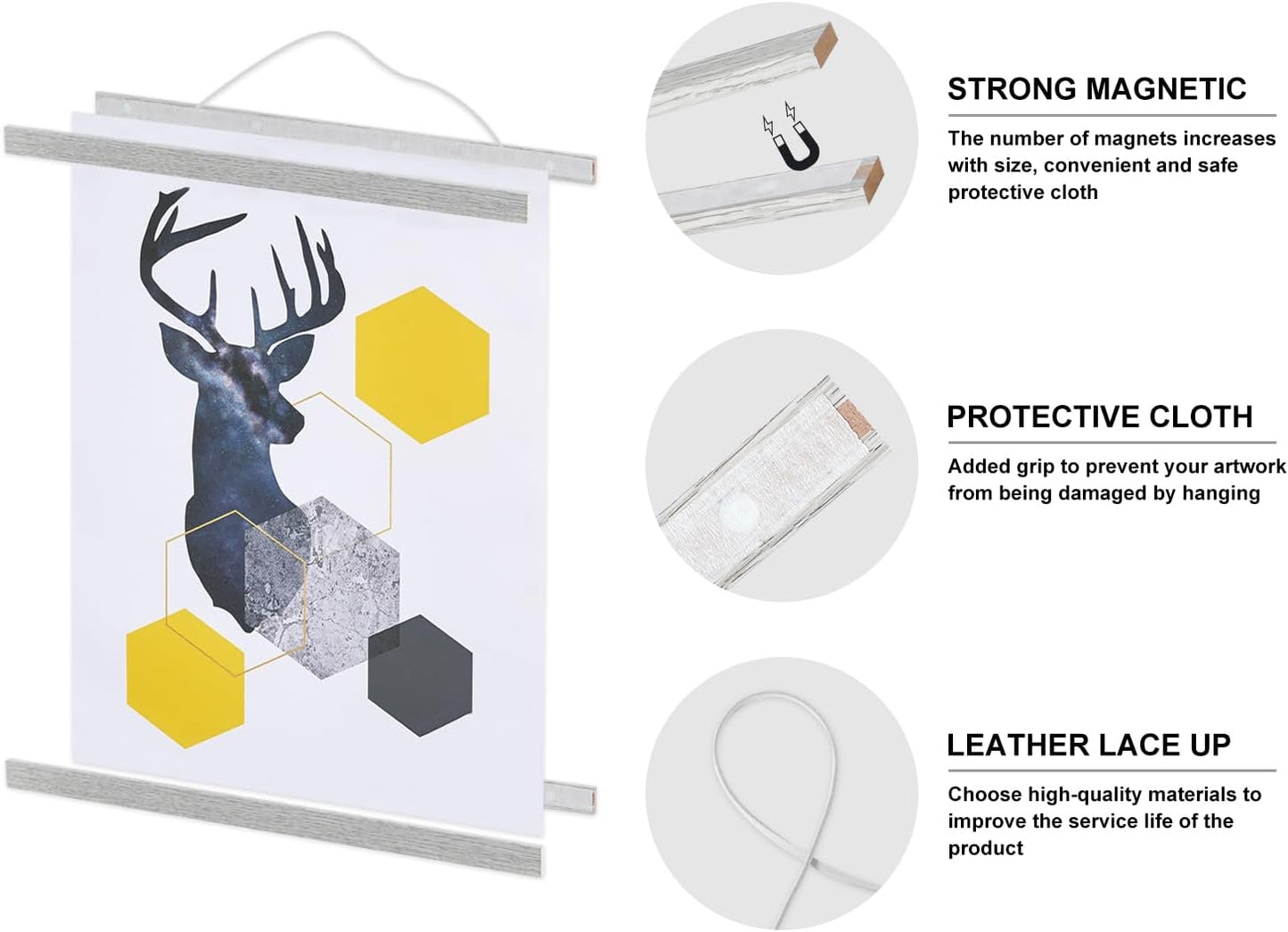 Magnetic Poster Hanger, 12x18 12x16 12x24 Poster Frame Wood Wooden Magnet Print Posters Dowel Scroll Hanger Hangers Hanging Kit for Walls Map Canvas Artwork (Grey, 12")