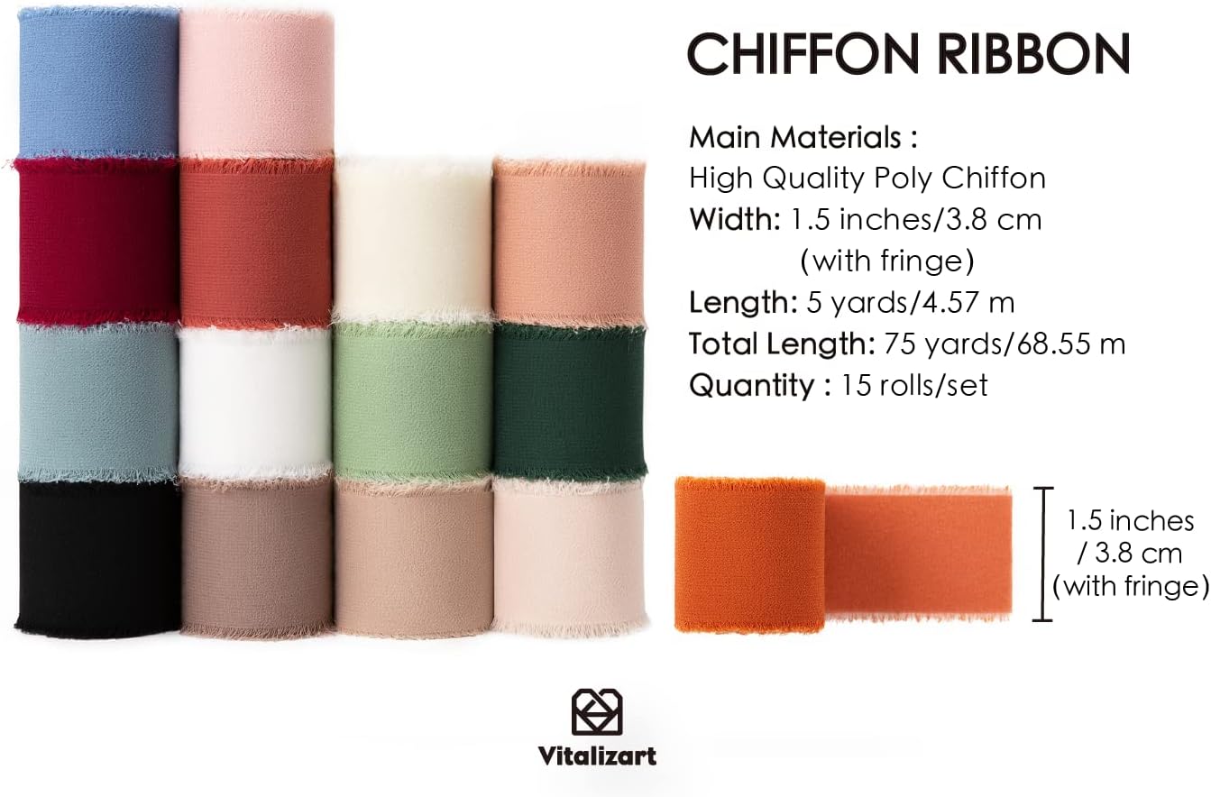 Vitalizart Chiffon Silk Ribbon 1 1/2 Inch x 75 Yd Handmade Frayed Edge Assorted Ribbons for Gift Wrapping Bridal Bouquets Baby Shower Wedding Invitations