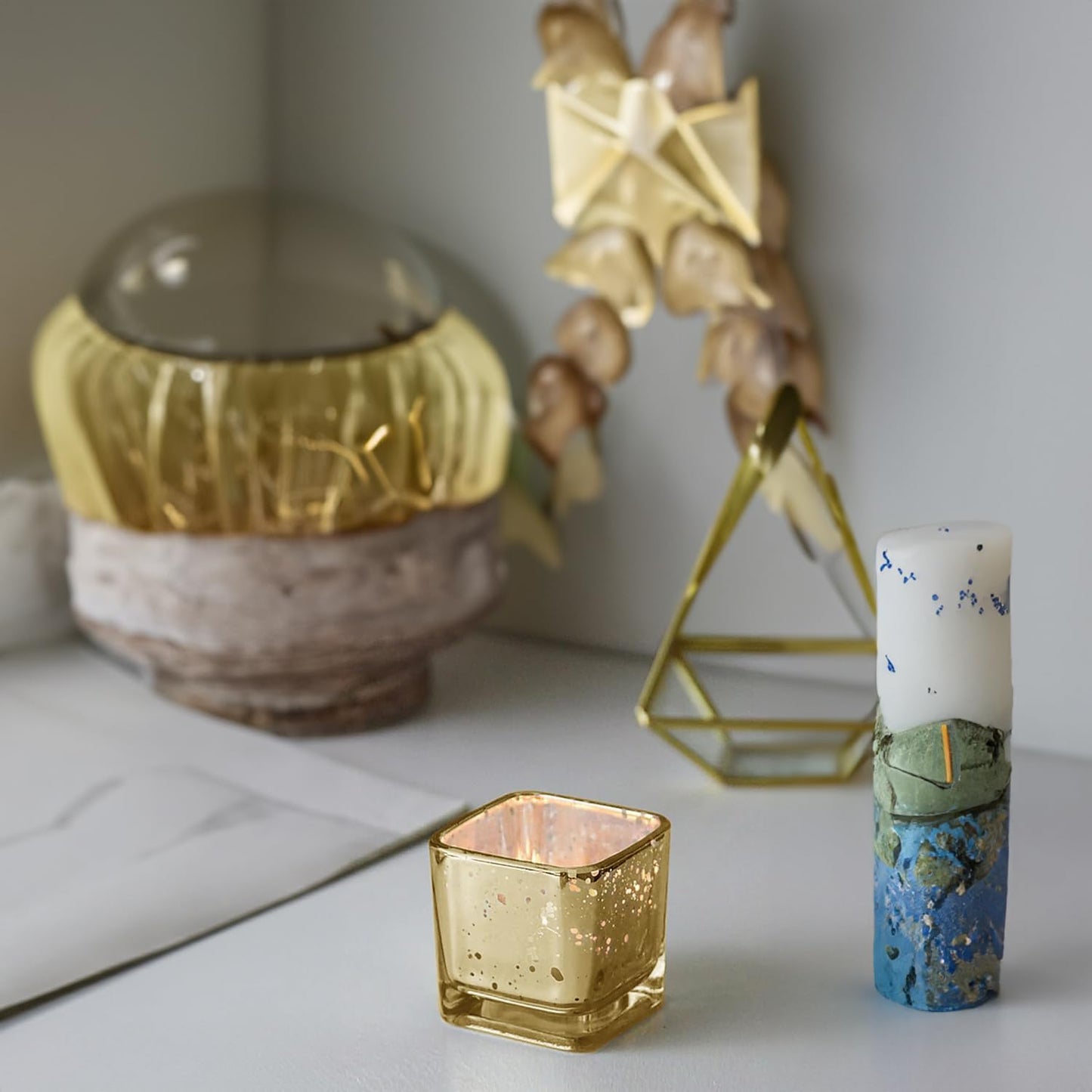 WGV 2 Inch Gold Speckle Square Cube Glass Votive Candle Holder, Small Tiny Mercury Tea Light 2x2”, 1 Pc