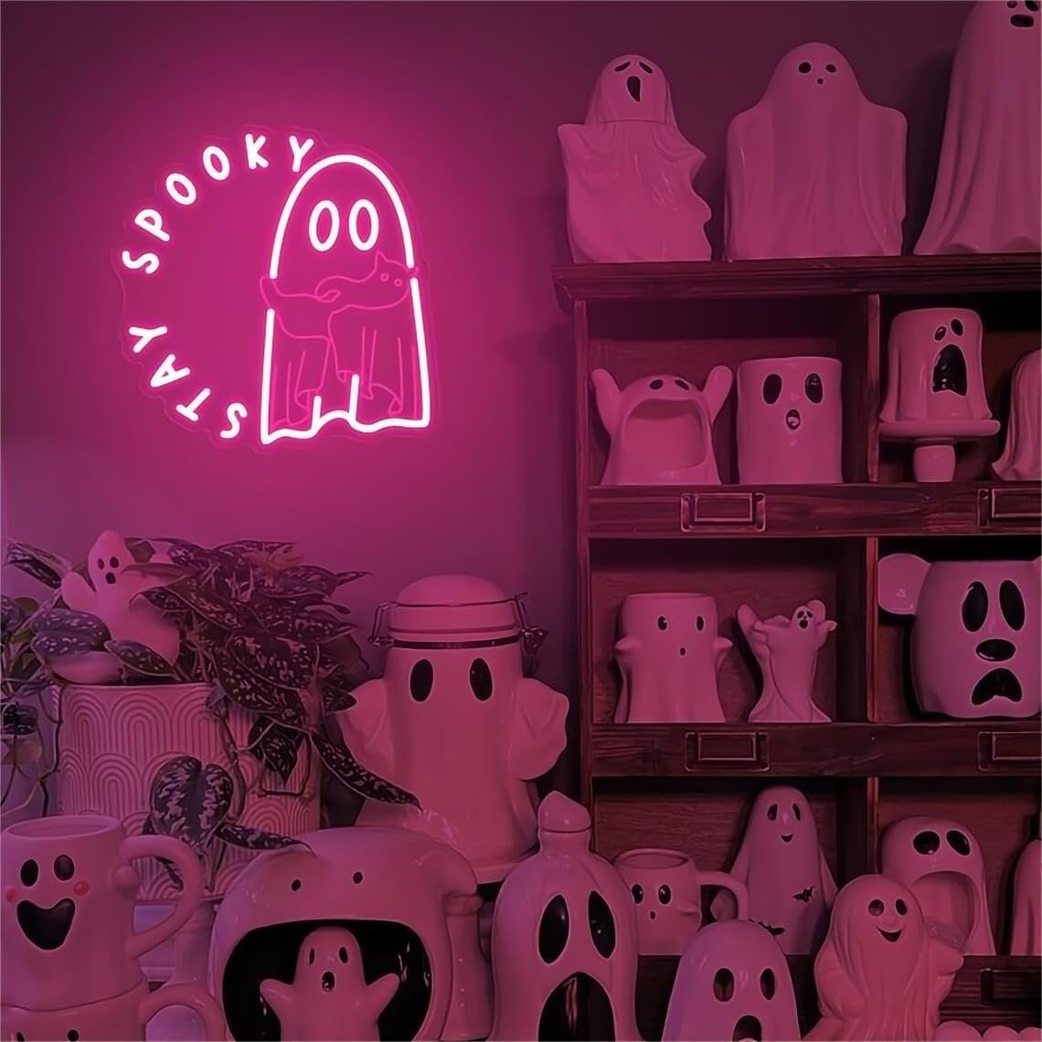 Halloween Ghost holding a cat Stay Spooky Neon Sign, Funny Halloween Party Wall Decor, Spooky Season Room Sign for Boo Wall Decor Neon Light for Bar Man Cave Home Yard Decoration Funny Spooky Vibes-Pink