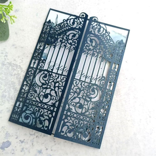 MillaSaw Navy Blue Wedding Invitation Gate Laser Cut Card Marriage Engagement Ceremony Invite 25Pcs (4.9"x7.1", navy blue)