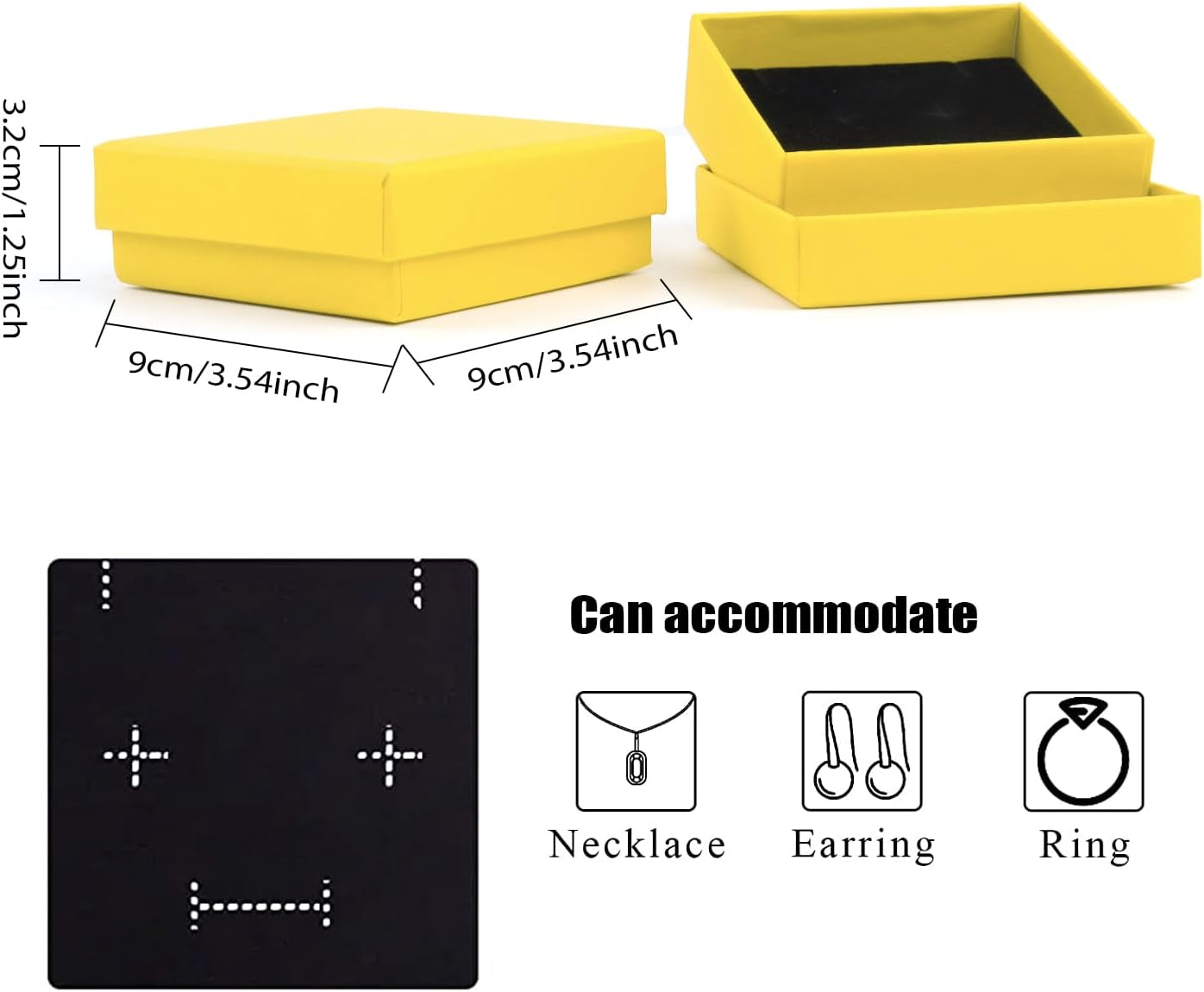 Gift Box Necklace Earring Ring Set, 12 Pieces Square Cardboard Jewelry Boxes, Cotton Filled Paper Case (3.5x3.5x1.25 Inches) (Yellow)
