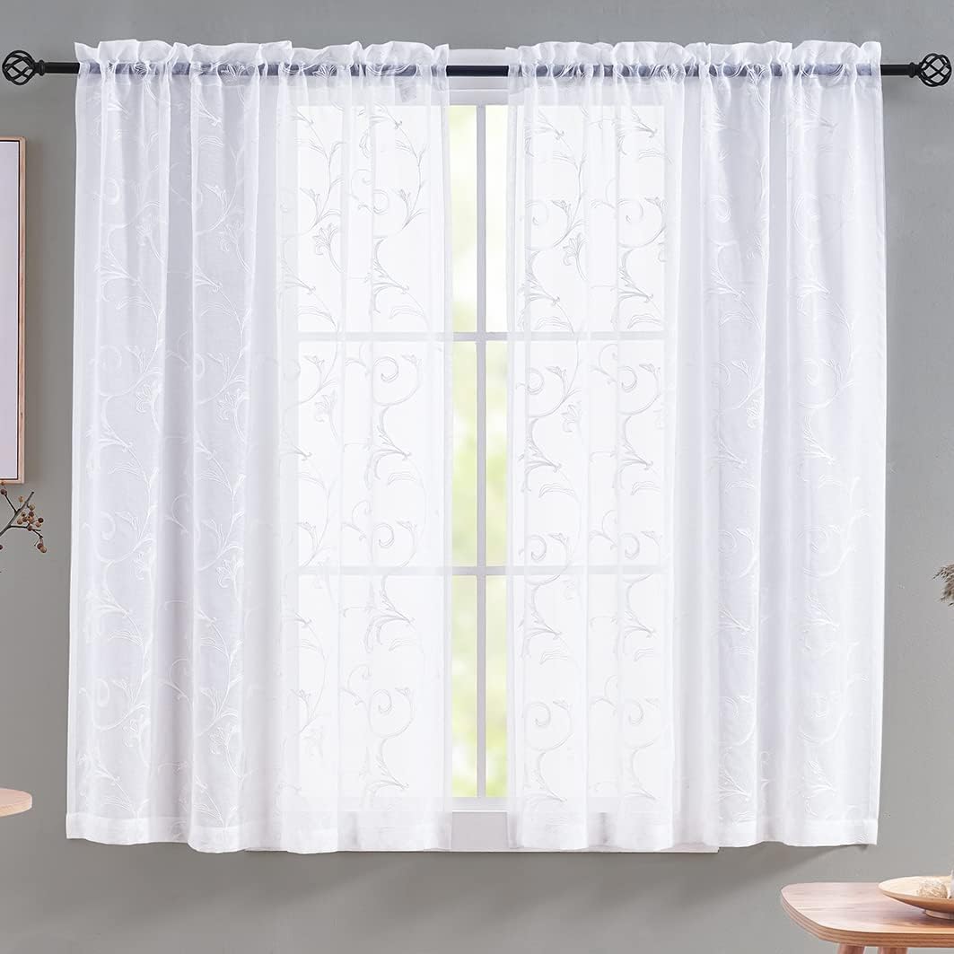 Floral Embroidery Sheer Curtains White 45 Inch Length, Vintage Rod Pocket Voile Drapes for Living room, Bedroom, Window Treatments Semi Crinkle Curtain Panels for Villa, Parlor, Set of 2, 52"x 45".