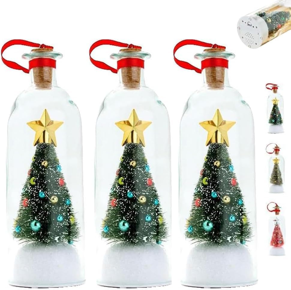 Christmas Tree Message in a Bottle, Recordable Christmas Tree Voice Message Bottle Ornament for Tabletop, Holiday Memories, Snowy Scene in Nostalgic Bottle, Christmas Trees Decoration Gift (3 pcs)