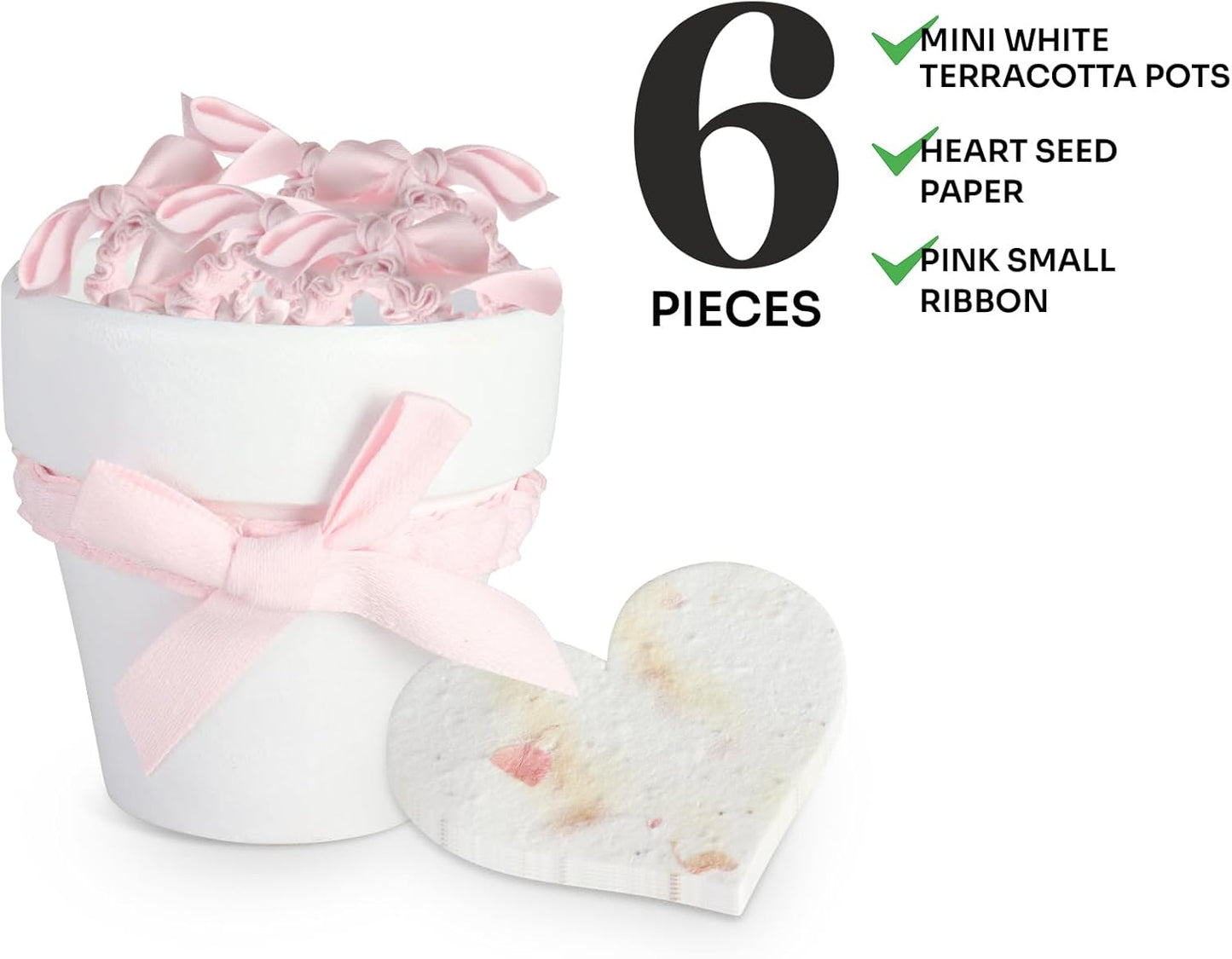Set of 6 Seed Paper – 6 Pink Hearts & 6 White Pots with Bow for Baby Shower, Gender Reveal, Birthday, & Other Milestone Celebrations