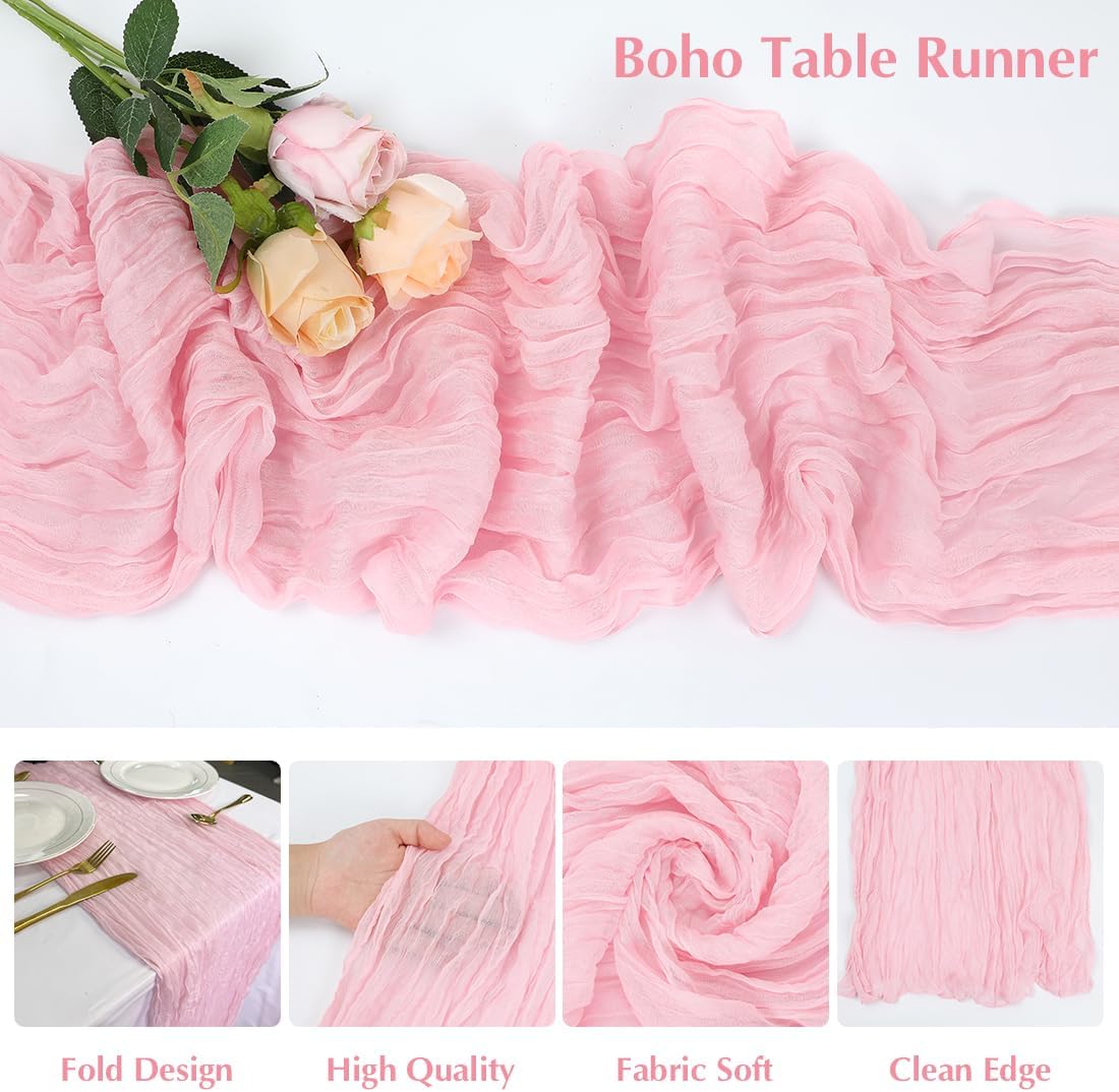 10 Pack Pink Cheesecloth Table Runner -21*120Inch Long Boho Wedding Table Decor, Rustic Gauze Fabric Runner for Bridal Showers, Baby Showers & Parties (Sheer, Lightweight, Wrinkled Design)