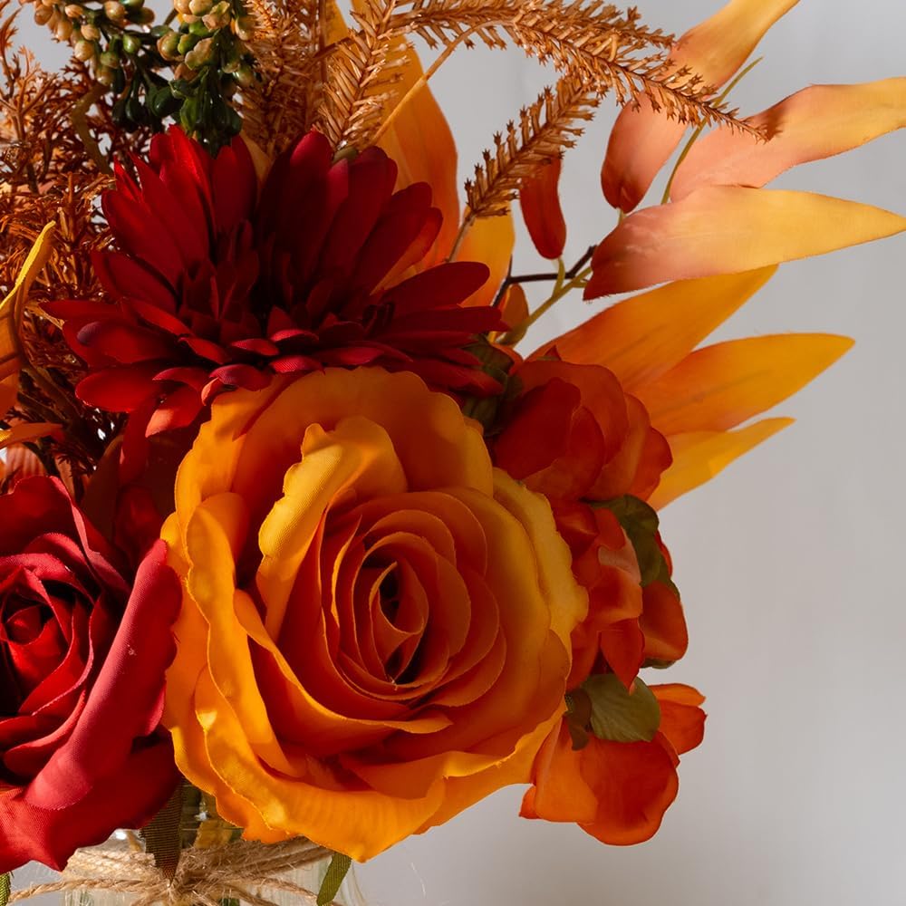LSEING Fall Flowers Artificial with Vase for Centerpiece,Fake Silk Orange Rose Flower Arrangement in Glass Vase for Home Office Table Decoration (Orange)