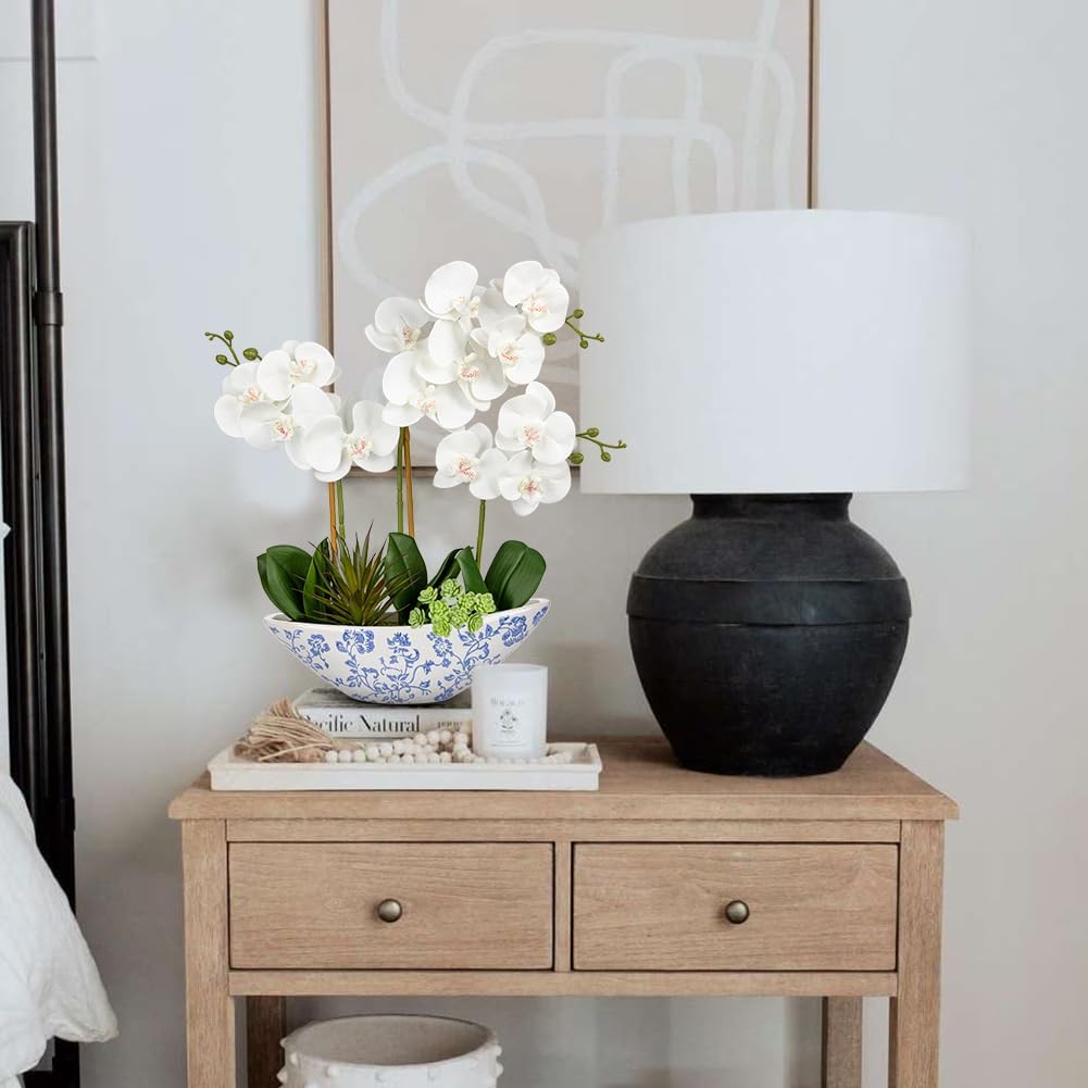 Briful White Orchid Fake Flowers 17in Artificial Orchid Silk Flowers in Blue and White Ceramic Pot Faux Orchid Arrangement for Home Office Bathroom Dining Table Modern Decoration