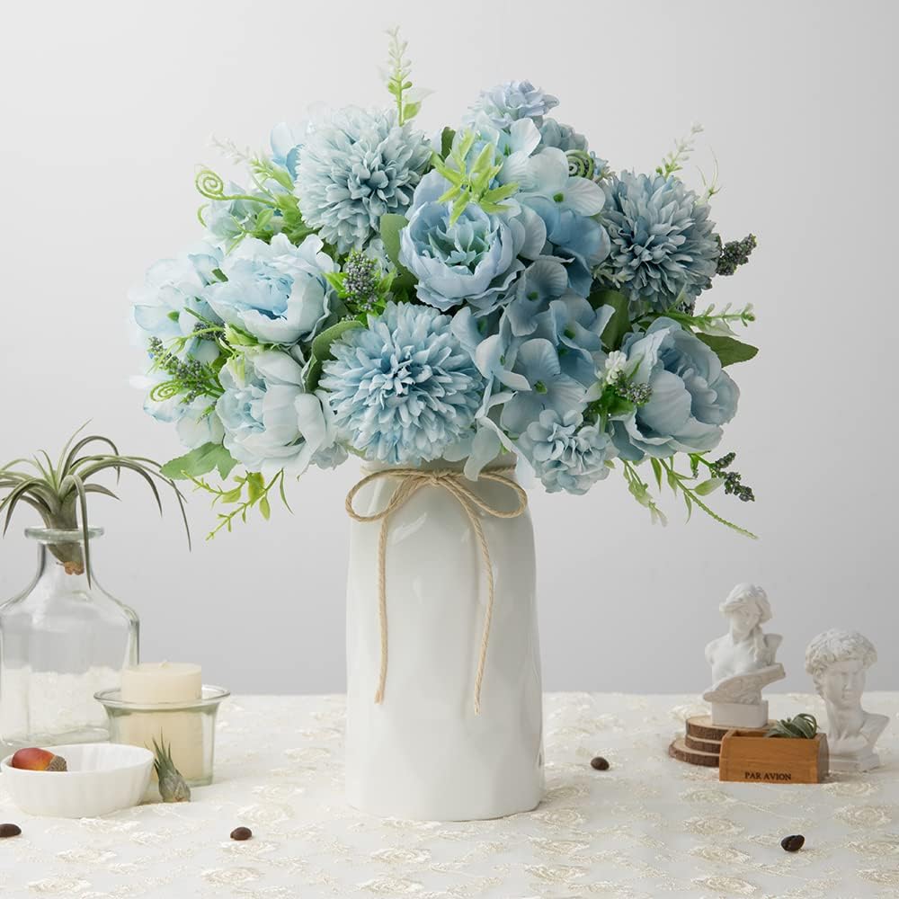 LESING Artificial Peony with Vase Silk Flowers Bouquets Fake Hydrangea Bulks for Home Table Centerpieces Wedding Decoration(Blue-1)