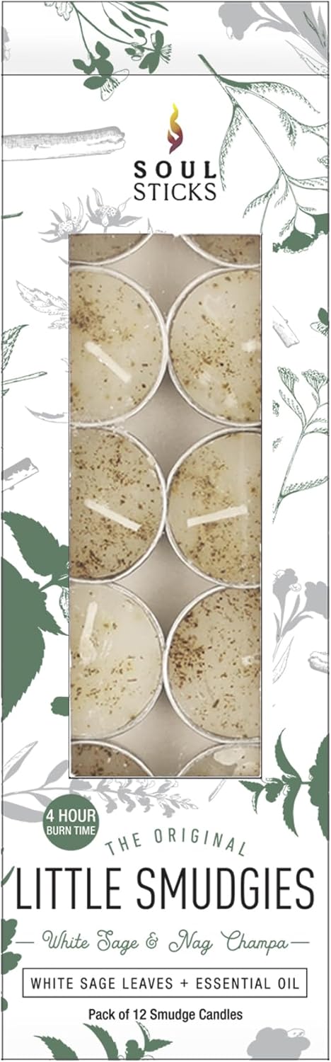 SOUL STICKS 12 Pack Little Smudgies Tealight Candles Smudge Candle for Cleansing House, Meditation, Chakra Healing | Made with Crystals and Herbs (White Sage & Nag Champa)