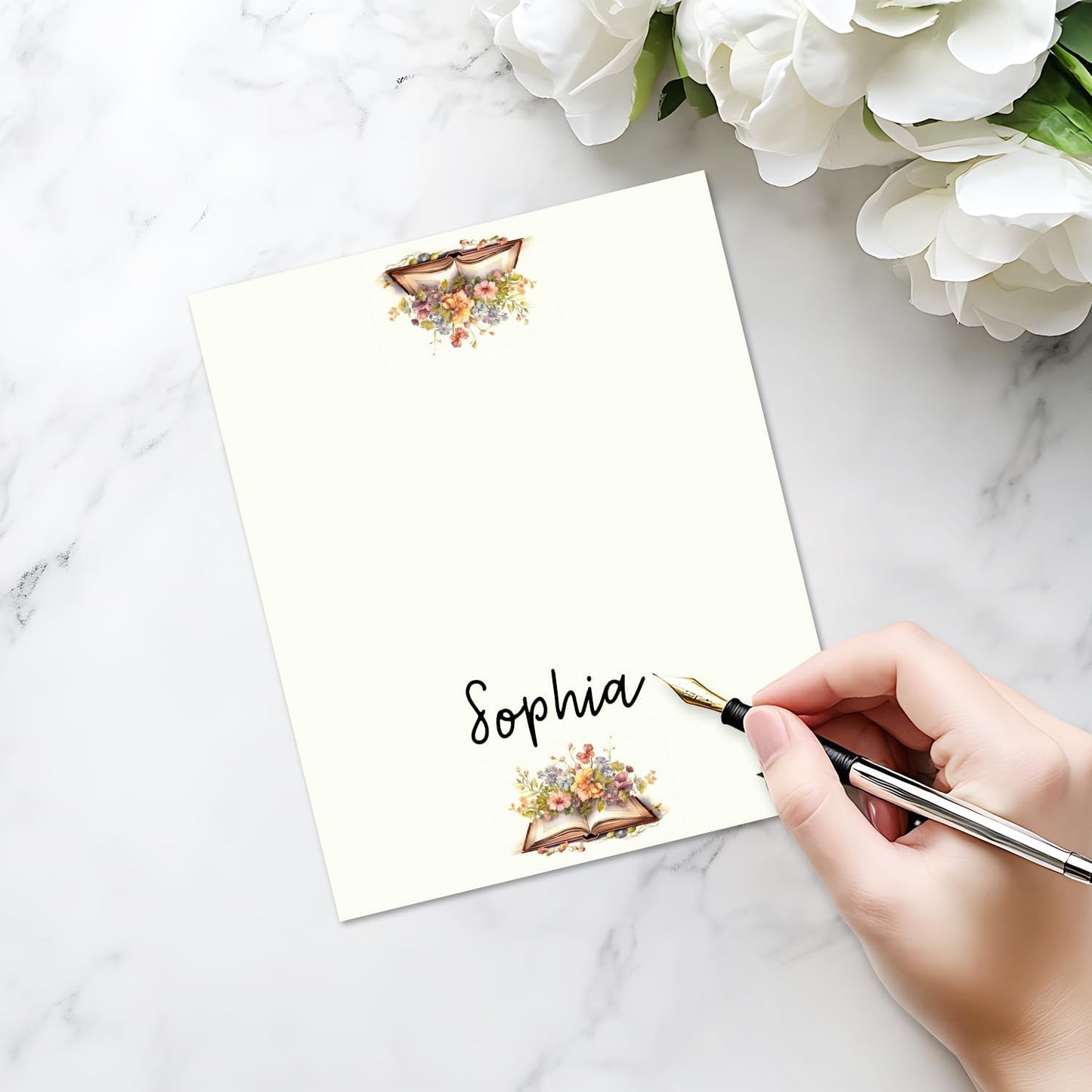 25 Pack Floral Book Theme Place Cards, Editable Name Cards for Table Setting, Tent Cards Food Label for Dinner Party, Bridal Shower, Wedding, Baby Shower and Events -T04