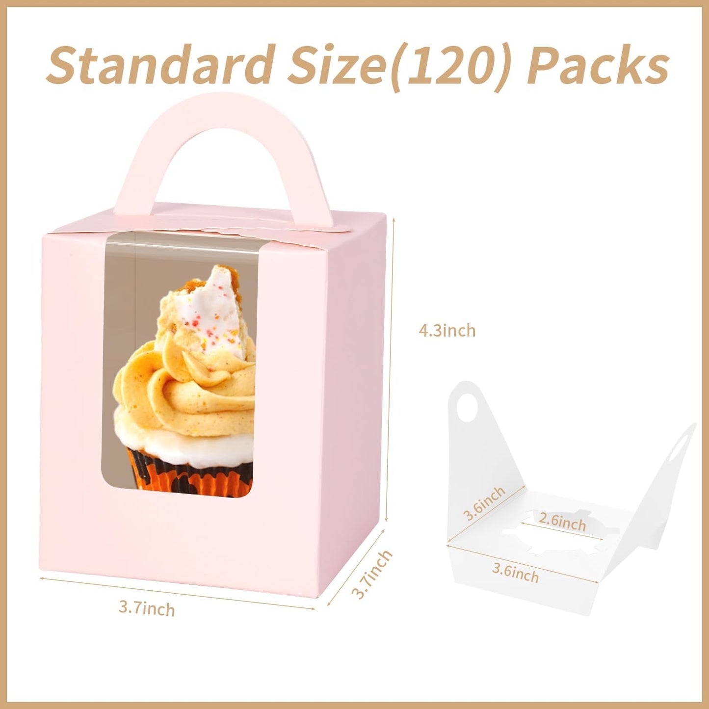 JCD Cupcake Boxes Carriers, 120pcs Pink Single Individual Cupcakes Box Holders Containers,3.7 * 3.7 * 4.3inch Cupcake Container Pastry with Insert Window & Handle for Parties (Pink/120Pcs)