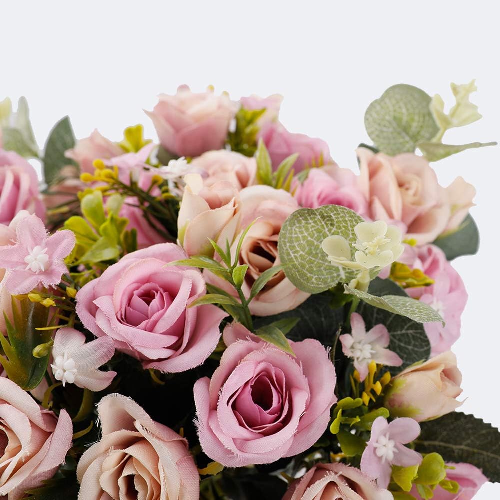 LESING Artificial Silk Rose with Vase Fake Flowers Wedding Flowers Bouquets Arrangement Home Office Party Centerpiece Table Decoration (Purple)