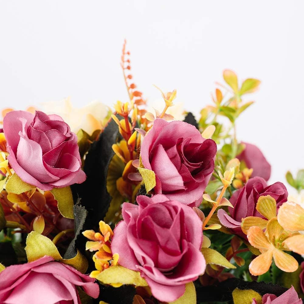 LESING Artificial Fake Flowers with Vase Silk Artificial Roses Wedding Flowers Bouquets Home Office Party Meeting Room Decoration (Violet red-1)